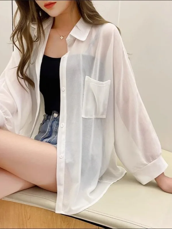 

Sun Protection Ultra Fairy Long Sleeve Shirt Chiffon Loose Thin Premium Feel Open Cardigan Outerwear Women's Business Casual ...