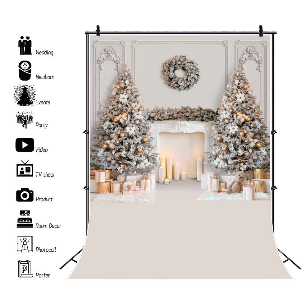 Winter Christmas Photography Background Xmas Tree Candle Fireplace Wood Floor Family Festival Party Kids Portrait Photo Backdrop