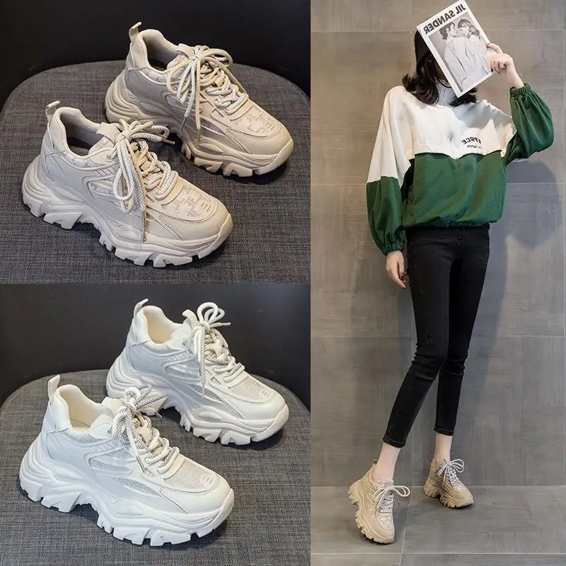 

Casual Style Thick Bottom Dad Shoes Universal Slip-On Sports Sneakers High Insole Increase Leather Anti-Slip Pure Color