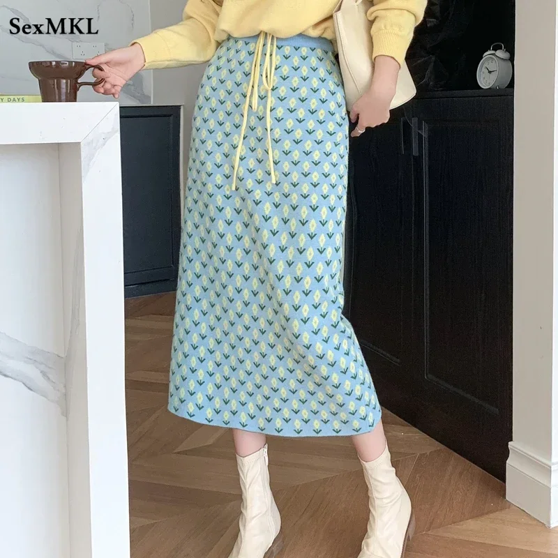 Winter Knitted Long Skirts Women 2026 Elegant Fashion High Waist Printed Faldas Largas Korean Casual Slim Bodycon Vintage Skirt