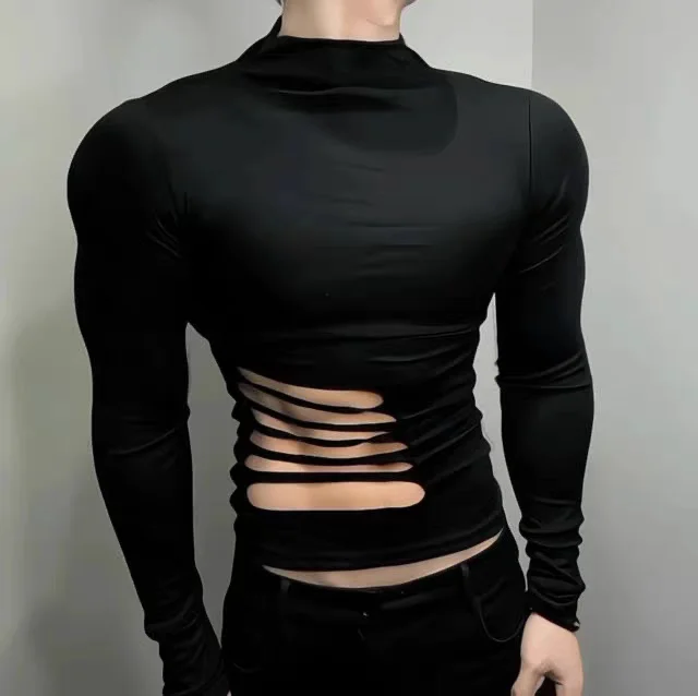 Herren Sommer T-Shirt Langarm-Oberteil mit Halbkragen, Sexy Muskel-Shirt, Figurbetontes T-Shirt mit Seitenschlitz und Rissen, Slim Fit für Herbst – Detail 2