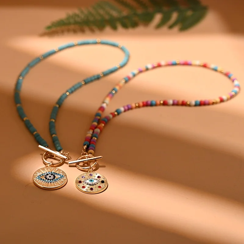 New Lucky Evil Eye Necklace for Women Vintage Colored Bead Evil Eye Pendant Necklaces Layered Jewelry Gifts Christmas Gift