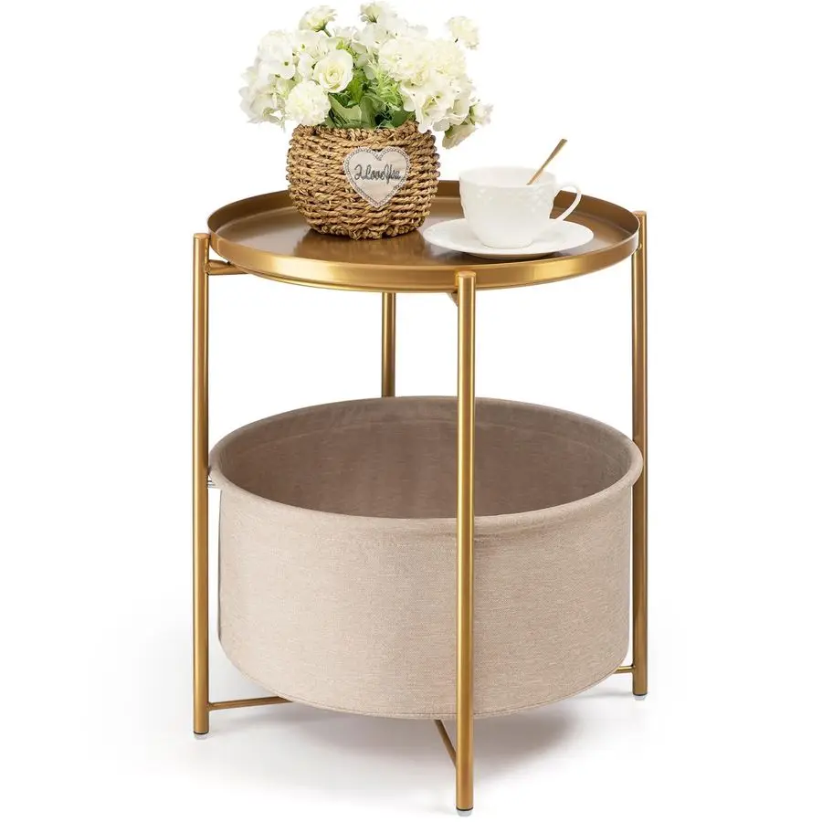 

Round Side Table with Fabric Storage Basket, Metal Side Small Bedside Table Nightstand with Removable Tray Top for Living Room,