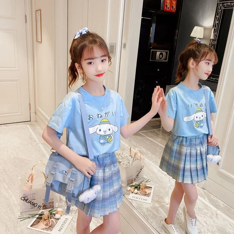 Sanrios Cartoon Kawaii Girl White T-Shirt Suit Cinnamoroll Cute Summer Short Sleeve College Jk Uniform Skirt Kids Fashionable