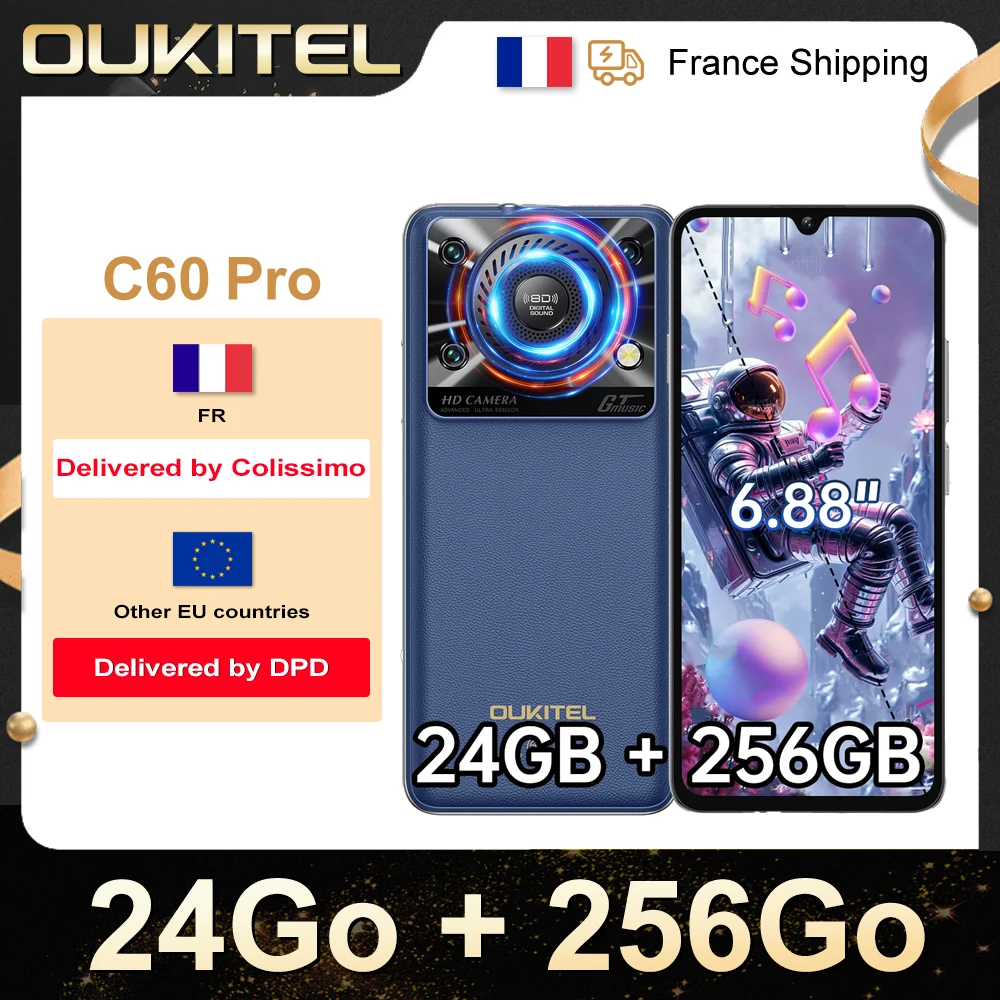 Smartphone OUKITEL C60 Pro Android 15 24 (8+16) Go RAM + 256 Go ROM 18W 90Hz 4G 10000mAh 13MP + 5MP 6.88" Empreinte digitale/NFC