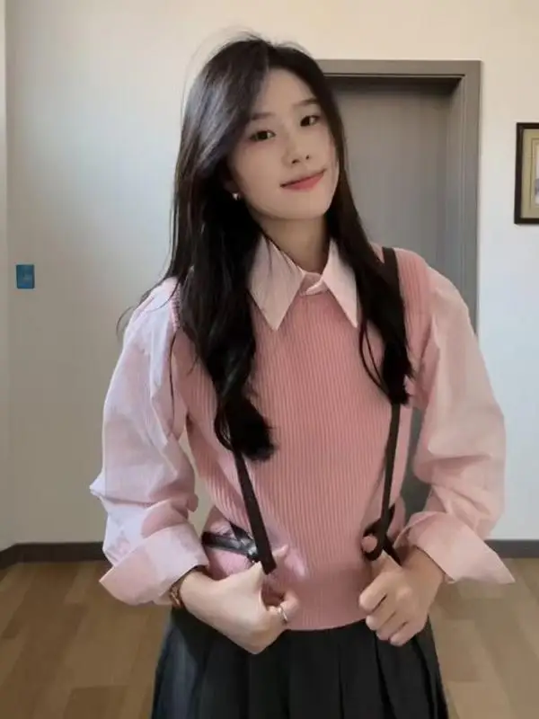 

Милый милый розовый возрастной круглый трикотажный жилет, топ с длинным воротником-свечом, женский модный комплект, полиэфирная ткань