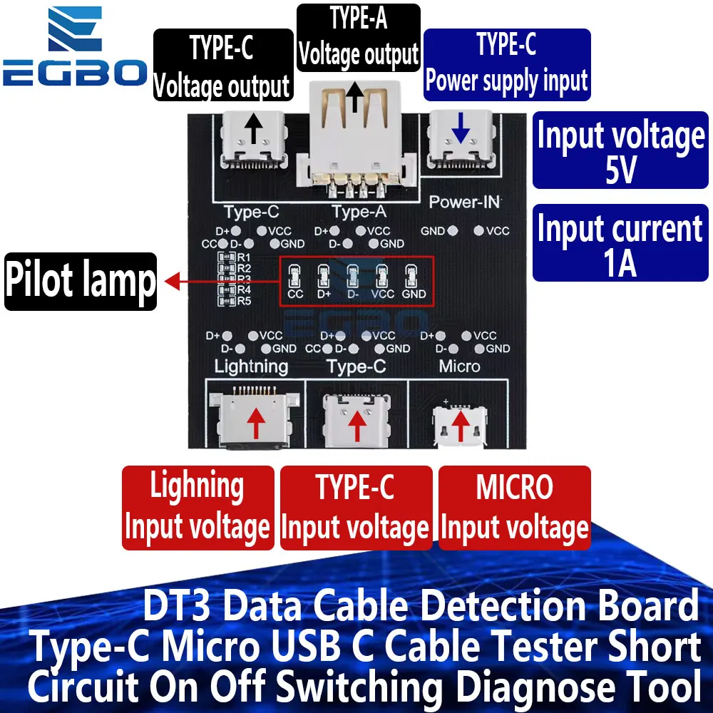 1~5PCS DT3 Data Cable Detection Board Type-C Micro USB Cable Tester Short Circuit On Off Switching Diagnose Tool for iOS Android