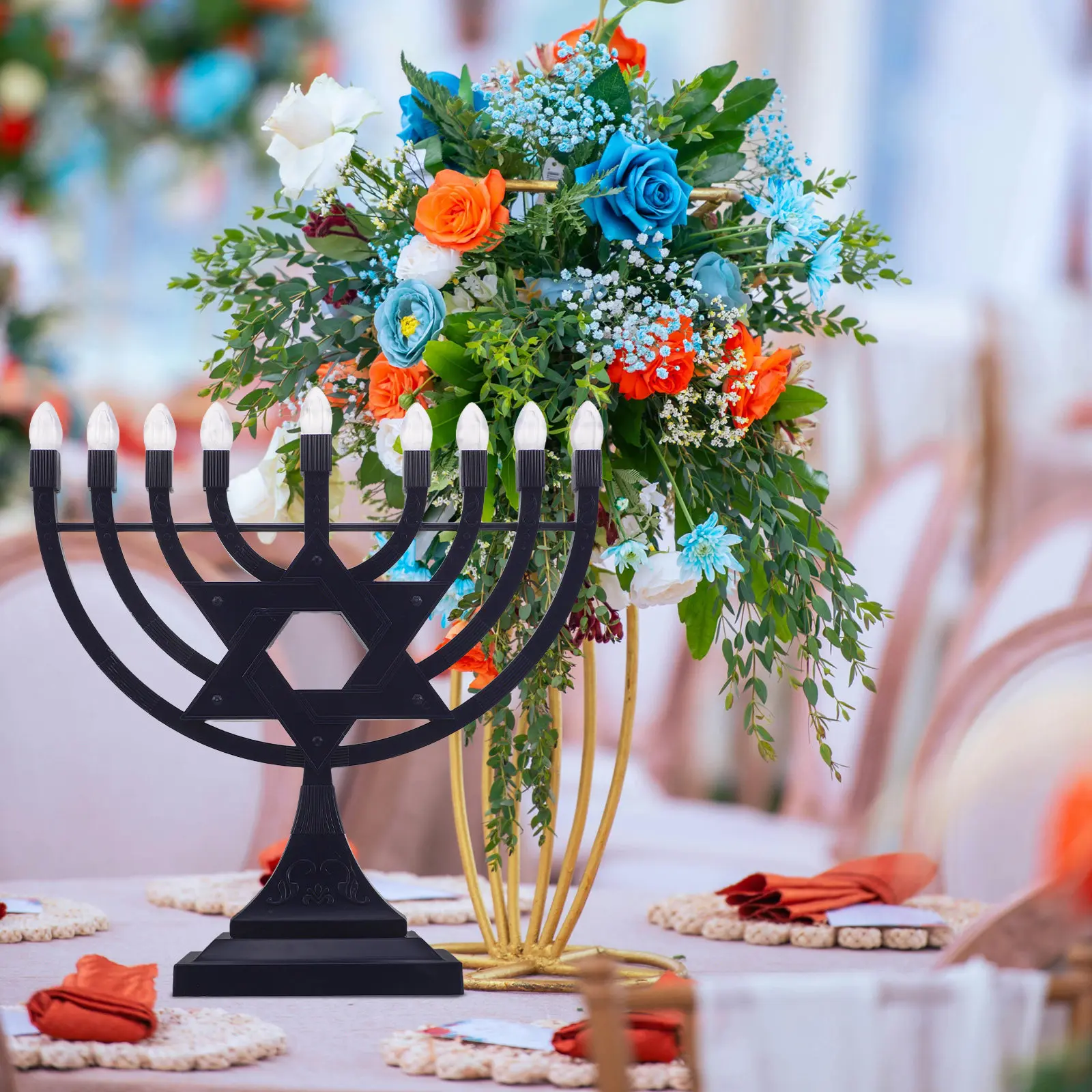 

Electric Menorah 9 Branch Hanukkah Menorah Rechargeable Flameless Candles Battery USB Operated Electric Chanukah Table