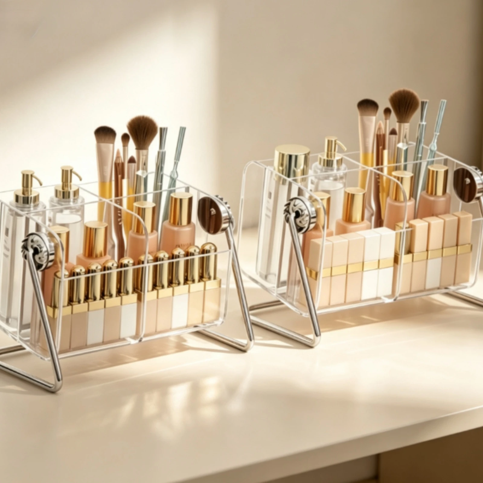 2 Pieces Acrylic Organizer with Metal Frame Transparent Tilted Vanity Display Stand Acrylic Makeup Organizer Open-Top