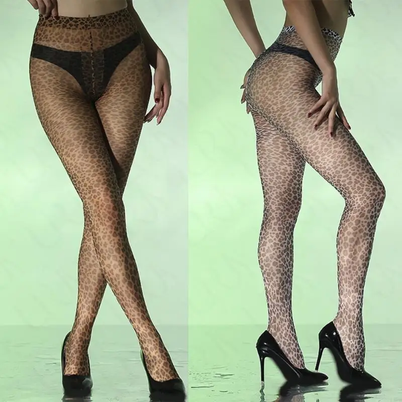 

L5YC Women Leopard Patchered Silk Pantyhose чулки с высоким уровнем управления талией Смотрите сквозь леггинсы.
