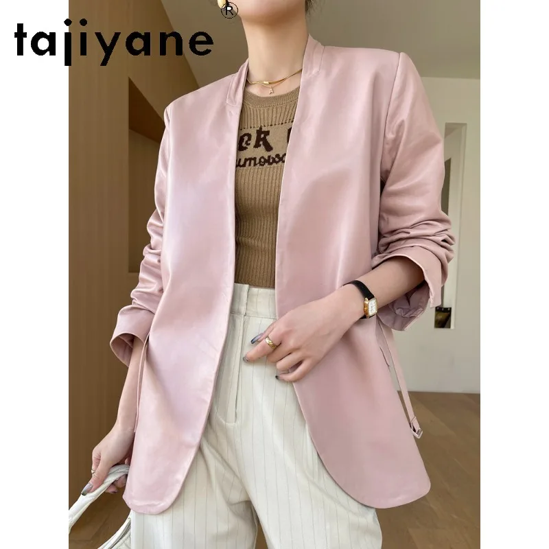 TAJIYANE Genuine Leather Jacket Woman Sheepskin Outerwear Mid Length Blazer Femme Trench Coat Slim Fit  V-neck Jackets for Woman