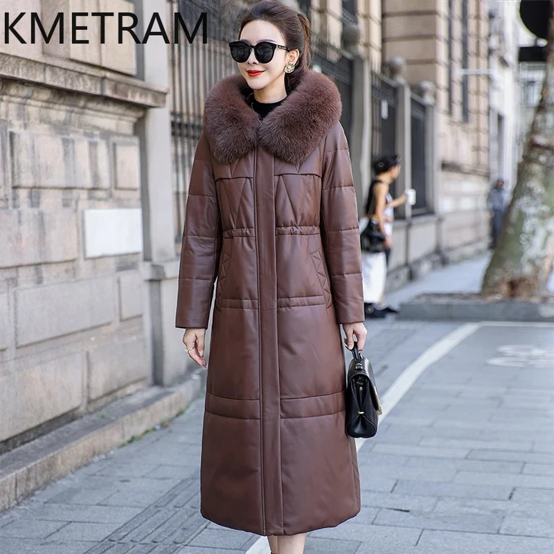 KMETRAM 100% abrigo de piel de oveja de plumas de ganso con capucha chaqueta acolchada larga de cuero Real para mujer con cuello de piel de zorro ropa de invierno 2025