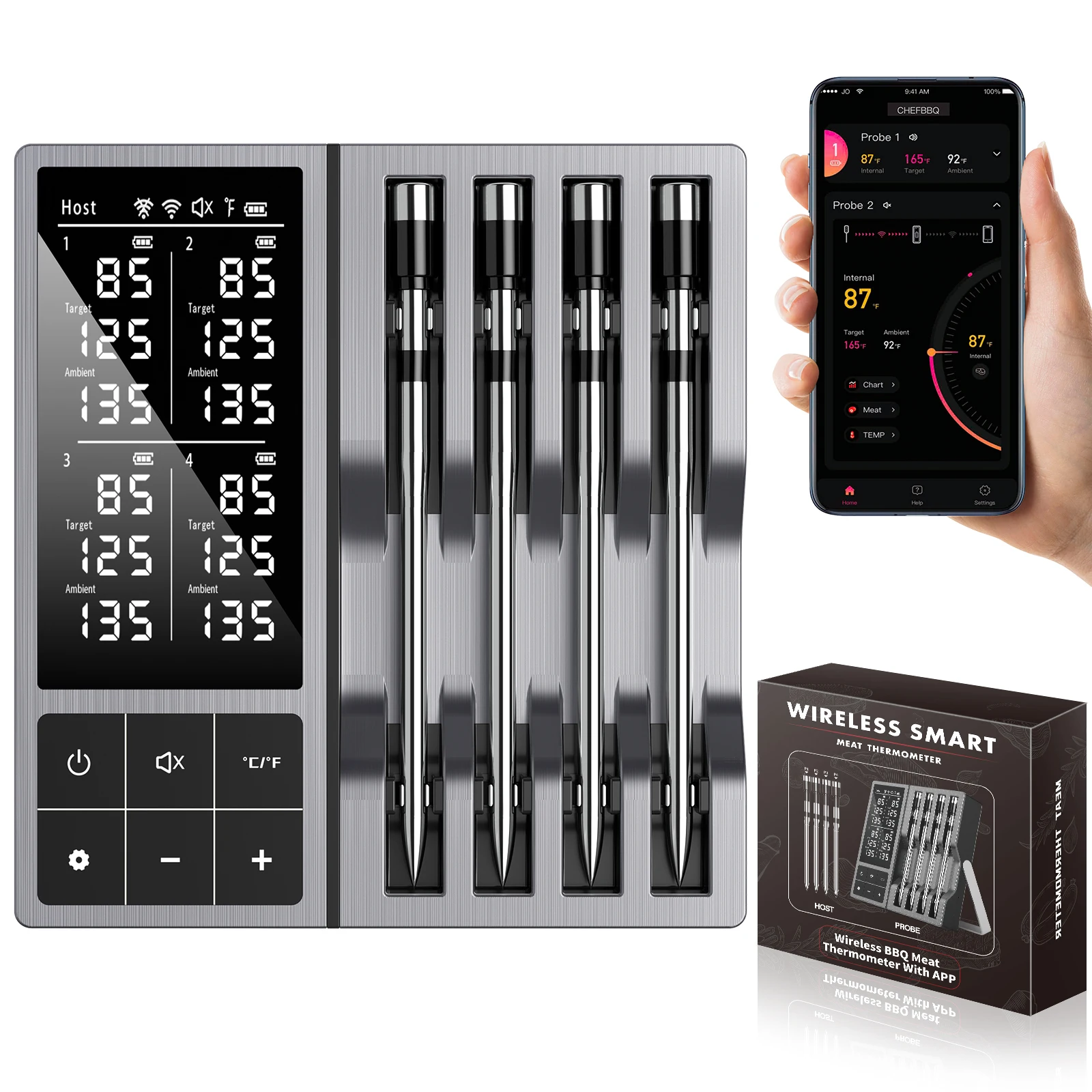 Wireless Meat Thermometer, Instant Read Digital Grill Food Thermometer, 4 X 0.19In Dual Sensor Probe, 5.2 Bluetooth, 800ft Smart