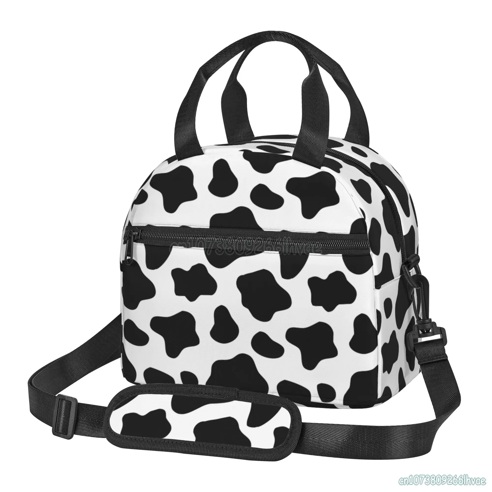 Cow Pattern Insulated Lunch Bag Thermal Lunch Box Waterproof Bento Bags Single Shoulder Portable Tote Bag for Work School Picnic