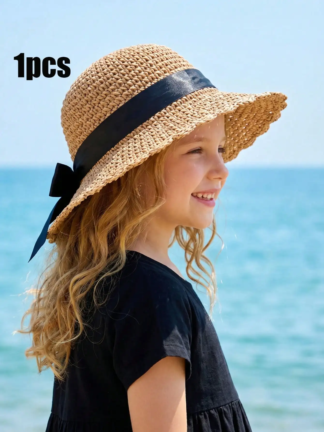 

1Pc 4-10Y Girls Hand Woven Coffee Straw Hat Bow Ribbon Foldable Summer Sun Outdoor Hat