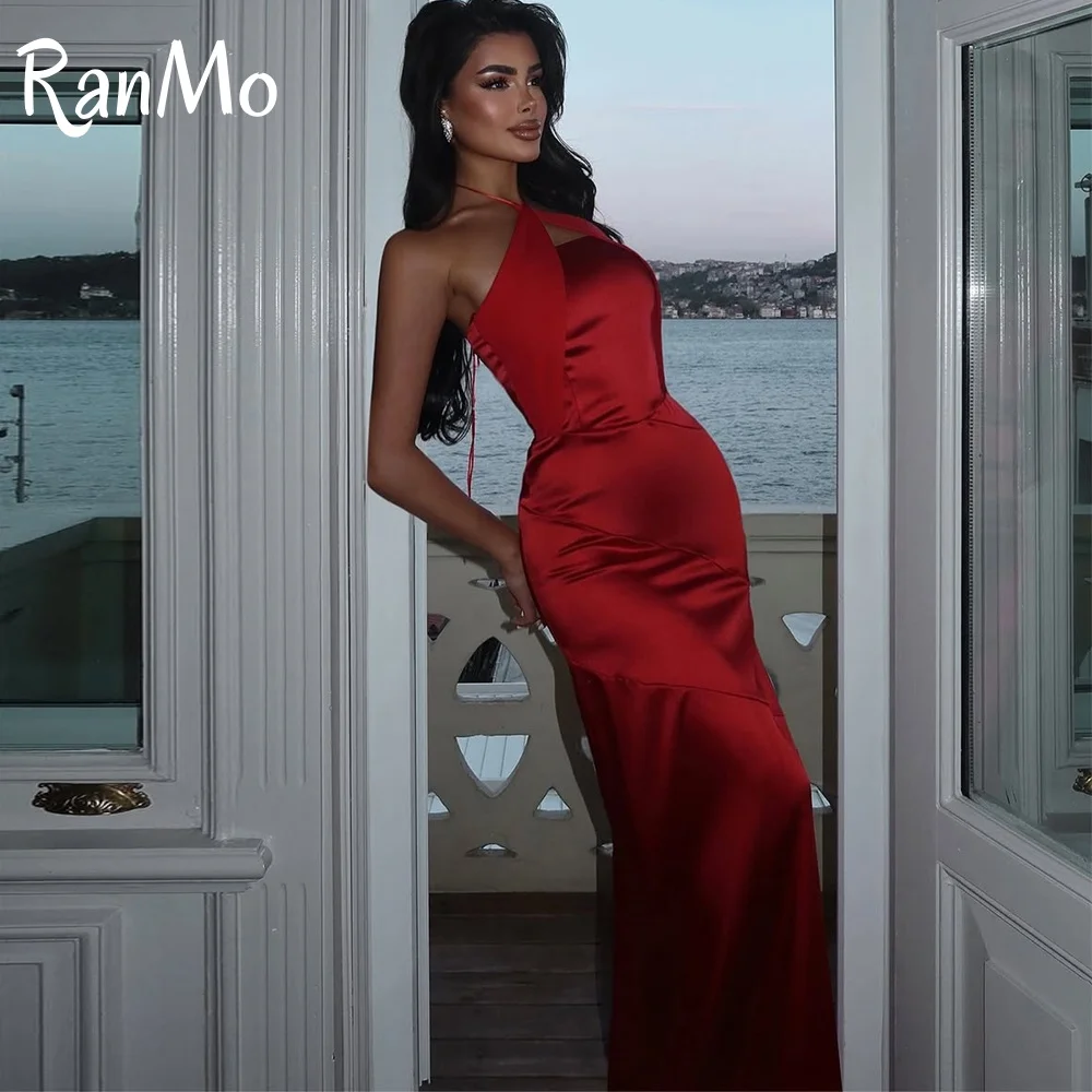 

Ranmo 2025 New Red Silk Satin Evening Gowns Halter Mermaid Prom Dress Customized Formal Occasion Wedding Engagement Party Gowns