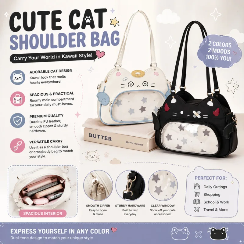 Kawaii Cat Shape Ita Bag Clear Display Shoulder Bag Nylon Crossbody Bag For Anime Pins Badges Collectibles Daily School Itabag