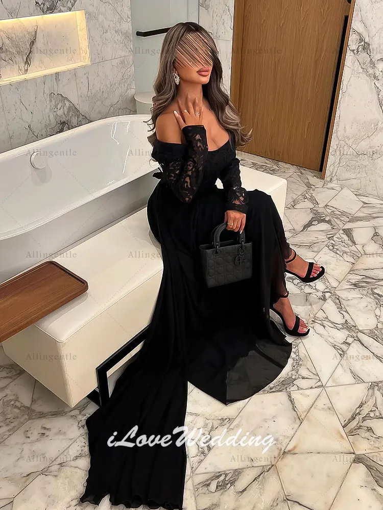 Robe de soirée noire deux pièces, manches longues, épaules dénudées, dentelle, élégante, ligne a, robe de bal pour femmes, robe d'invitées de mariage personnalisée