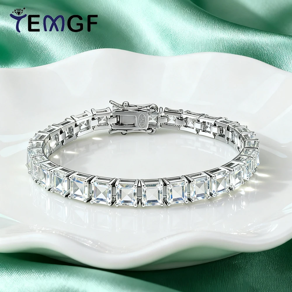 

TEMGF Full Zircon Bracelet Princess Cut 100% Real S925 Sterling Silver Unisex Simple Fashion Fine Jewelry Birthday Surprise Gift