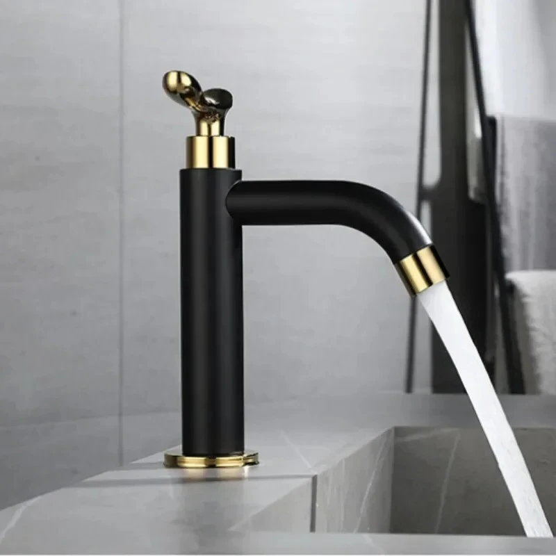 

Bathroom Faucets Deck Mounted WashBasin Faucet 304 Stainless Steel Cold Water Tap Black Gold Single Handle Tap Household