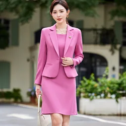 Formal Workwear Office Suit Women Long Sleeve Blazer + Slim Sleeveless Dress Set Elegant 2 Piece Set High Quality Solid Jacket