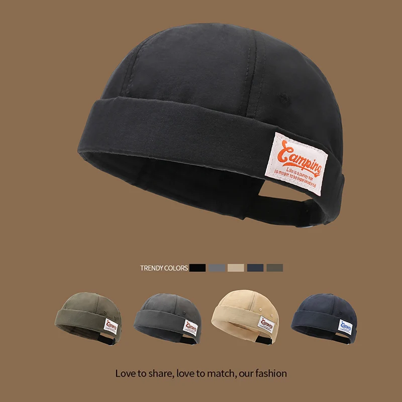 Unisex Brimless Docker Cap with Camping Label, Adjustable Retro Streetwear Lightweight Hip Hop Hat for Outdoor