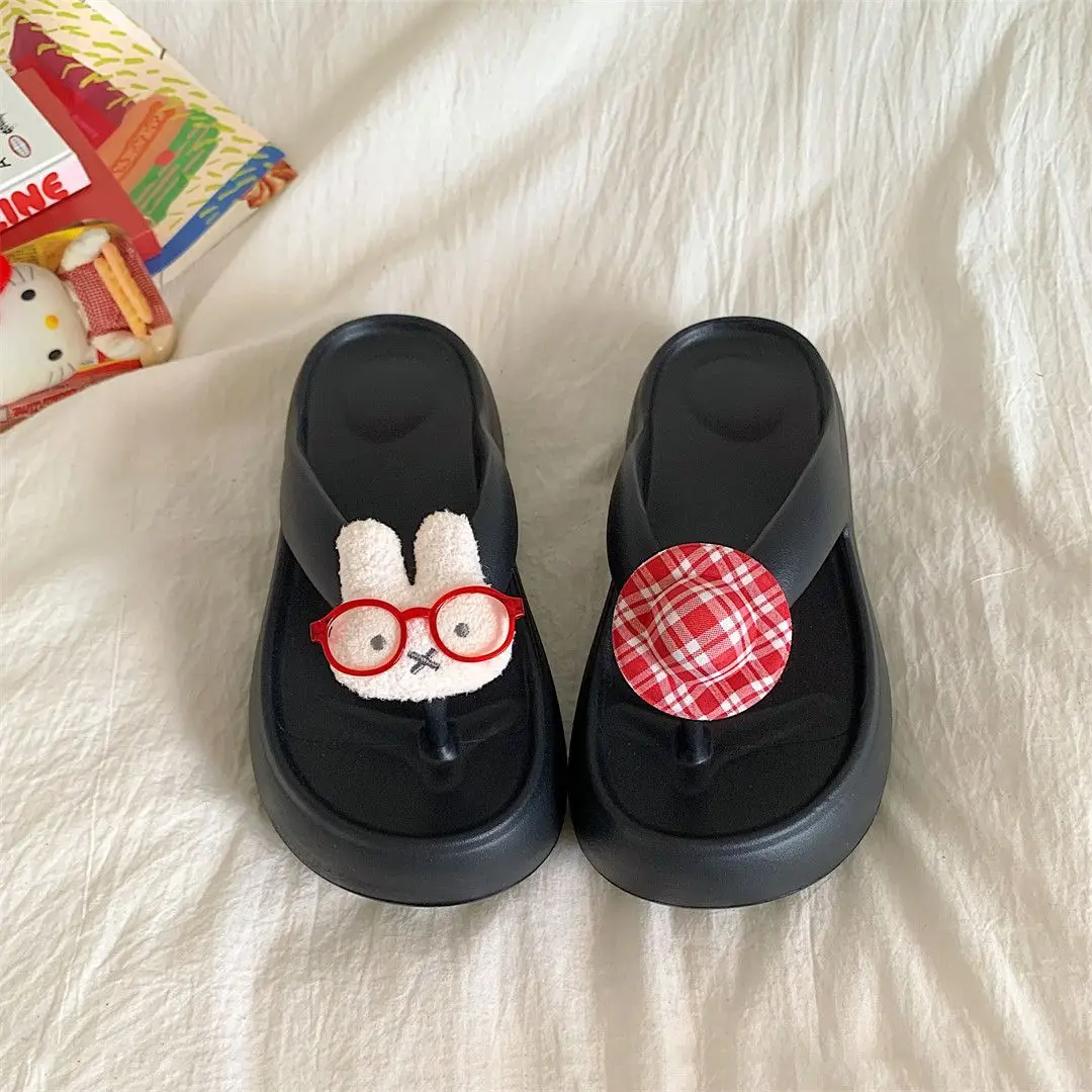 Cute Miffy Thick Sole Flip Flops Wear Outside Anti-slip Pinch Feet Seaside Beach Increase Height Sandals Female Lovely Kawaii
