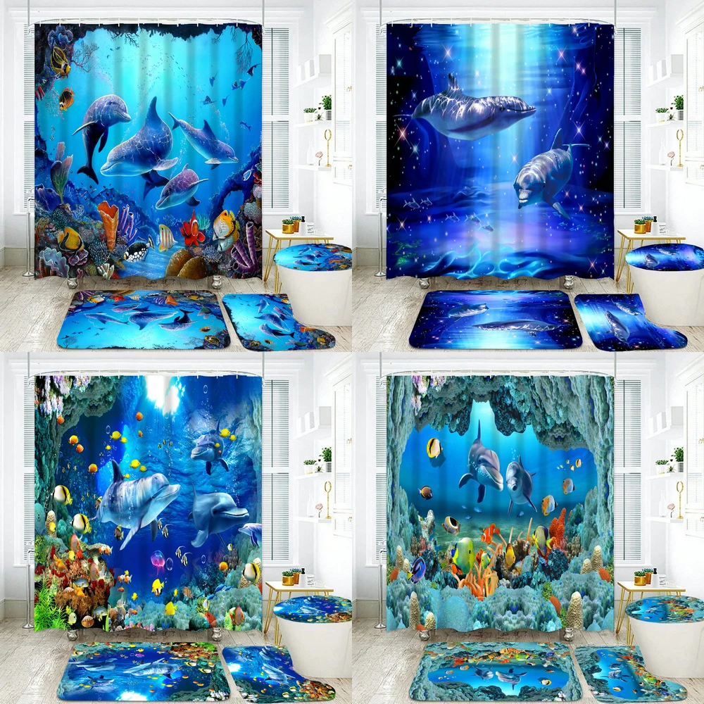 3D Printing Ocean Underwater World Cheerful Dolphin Waterproof Shower Curtain Set with Rug Toilet Cover Bath Mat Bathroom Decor