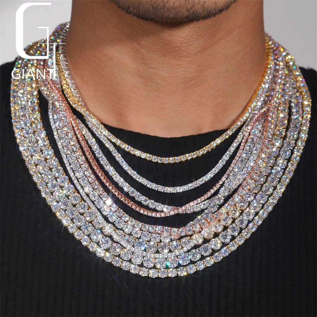 Moissanite Giant 2/3/4/5/6.5mm Tennis Chain HipHop Jewelry 925 Sterling Silver Moissanite Diamond Tennis Link Chain Necklace GRA