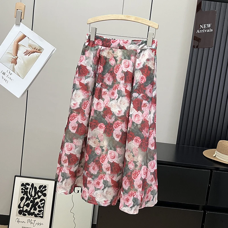 

Ele High Waist A-Line Skirt Women's Printed f-length Skirts Vintage Rose Oil Painting Sle Faionable Slimming Midi ...
