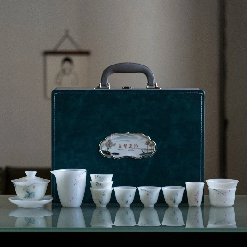 

White jade mud hand-painted tea set, home meeting guests to make tea, cover bowl, tea cup business companion gift