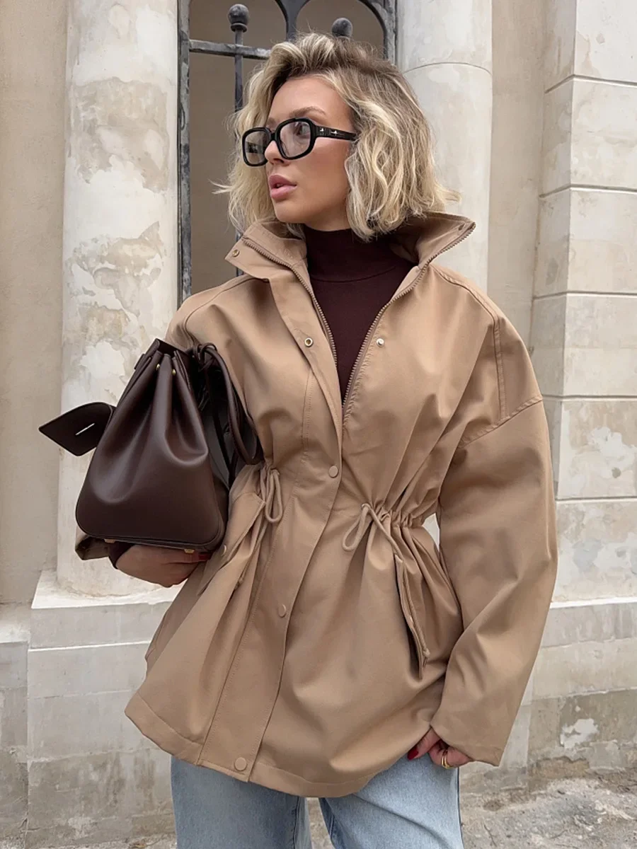 

Wolfeel Women's Stand Collar Mid length Trench Coat Drawstring Waist New Autumn Winter Coats Cotton Outer Jacket