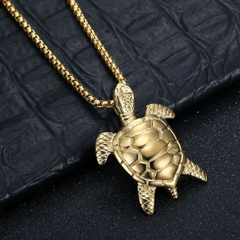 Fanshu Titanium Steel Gold Plated Turtle Animal Pendant Collar Chains Necklace for Men Women Couple Friends Gift Fashion Jewelry