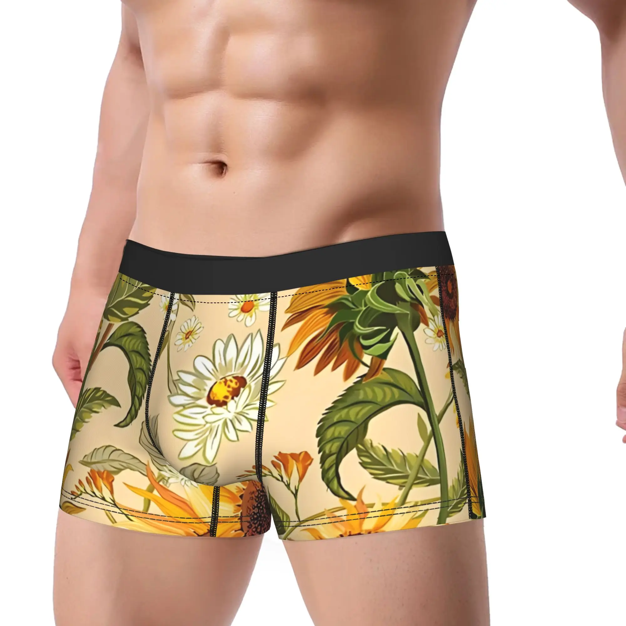 Sunflowers70S Golden Retro Pattern Yellow And Orange Flowers Underpants Breathbale Panties Men's Underwear Sunflower Comfortable