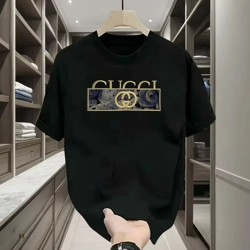 Summer 2026 New Brand Luxury Letter Pattern Printed Men's 100% Pure Cotton Short Sleeve Round Neck T-shirt