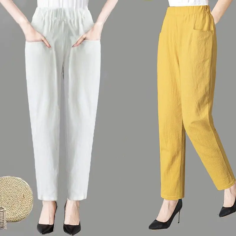 Large Size Korean Casual Thin Cotton Linen Pants Women Spring Summer Elastic Waist Ankle-Length Pants Woman Harem Trousers