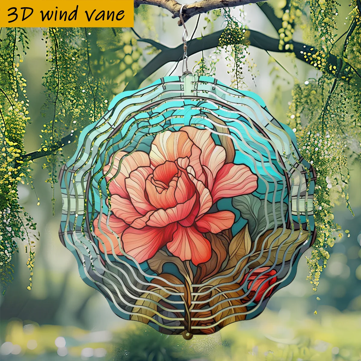3D Stained Glass Blooming Rose Wind Spinner - 10 Inch Metal Art with 360 Swivel Hook for Balcony Garden Spring Summer Gift