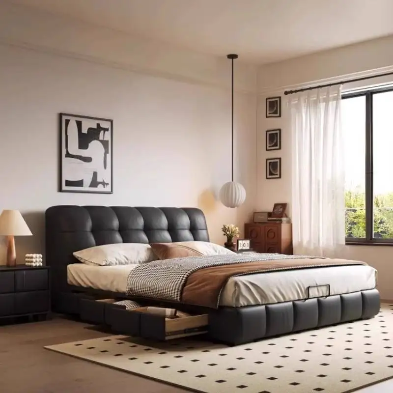 

Black Design Double Bed Decoration Items Unique Pliable Wooden Double Bed Frame Modern Japanese Cama Matrimonial Home Furniture