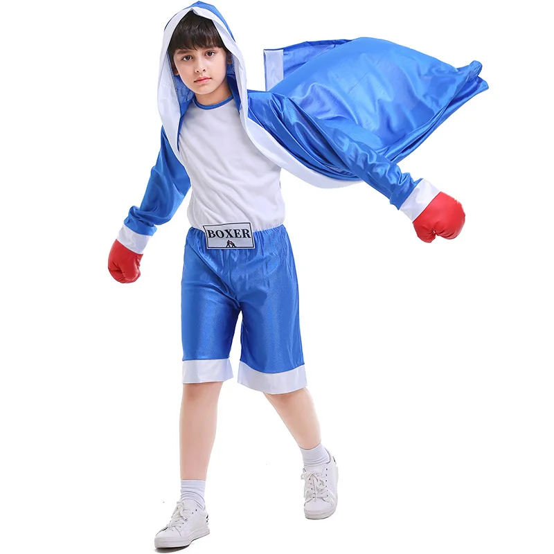 Children Boxer Cosplay Uniform Boys Halloween Carnival Party Kids tracksuit Red and Blue Jumpsuit & Robe Boxing Match Costume