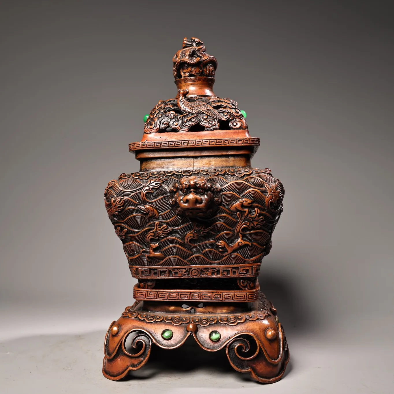 

13"Tibetan Temple Collection Old Bronze Mosaic Gem Long Gai Beast Head Ear Beast Incense Burner Amass wealth Ornaments