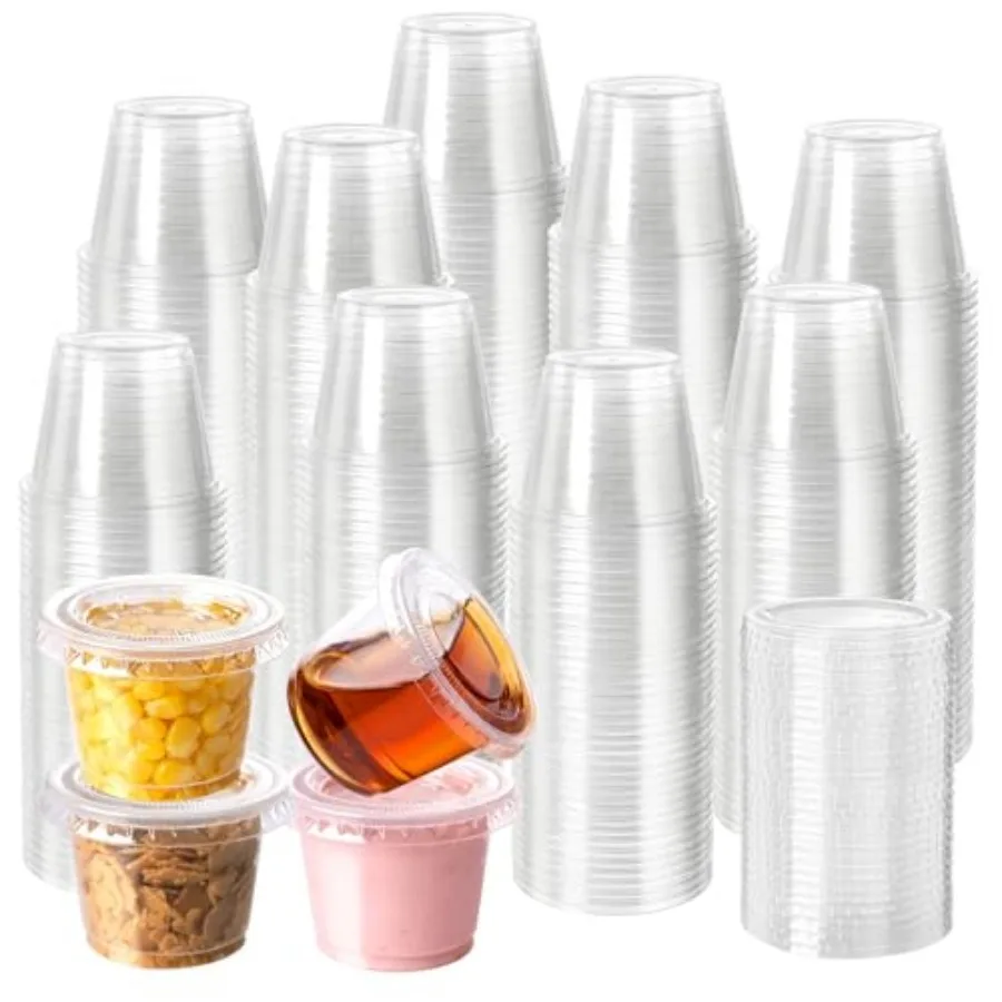 Disposable Plastic Portion Cups with Lids, Small Mini Sauce Cups for Portion Control, Salad Dressing Cups, Airtight and Stackab