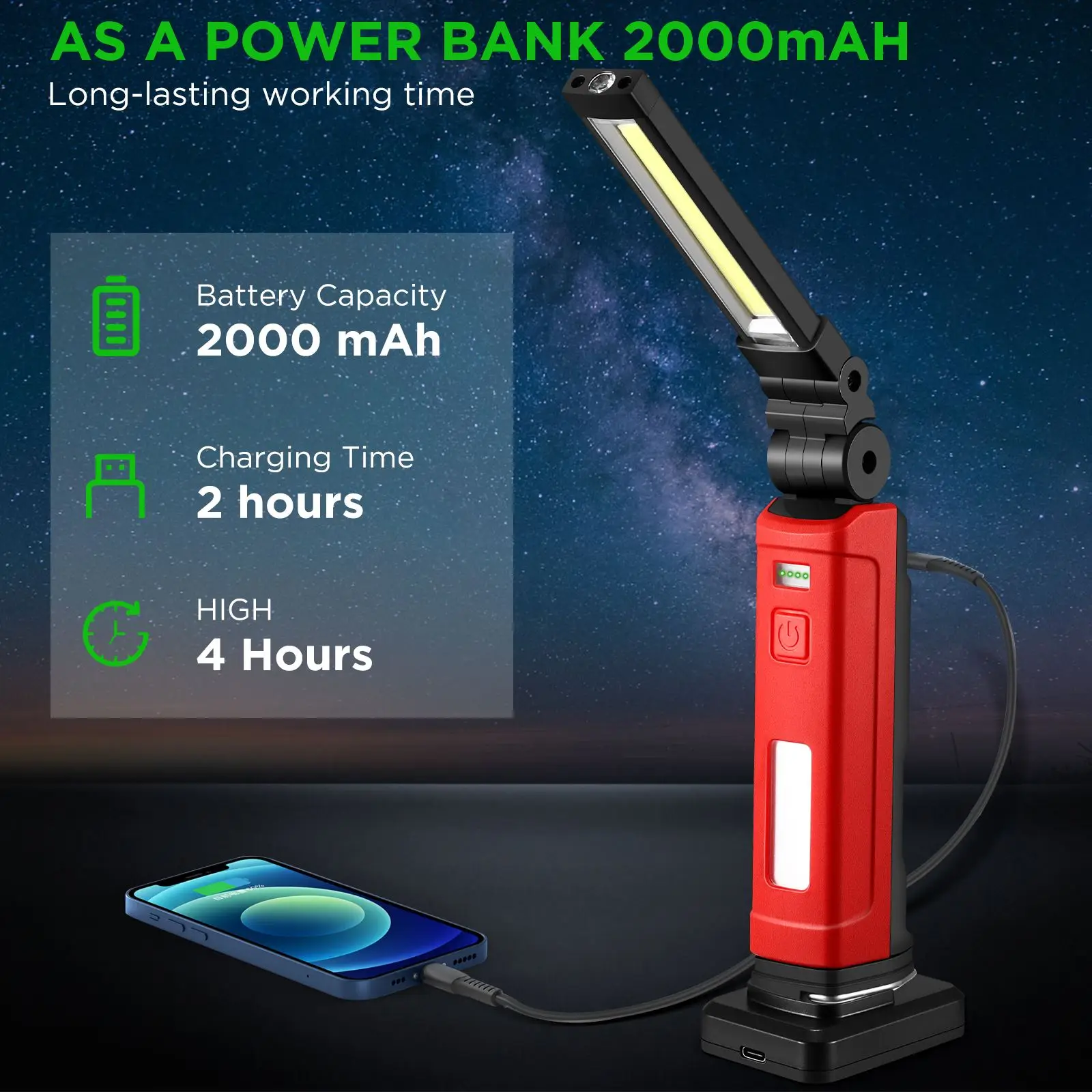 LED Emergency Floodlight COB Folding Work Lamp Strong Magnet Strong Light Emergency Flashlight Rechargeable Folding Work Light