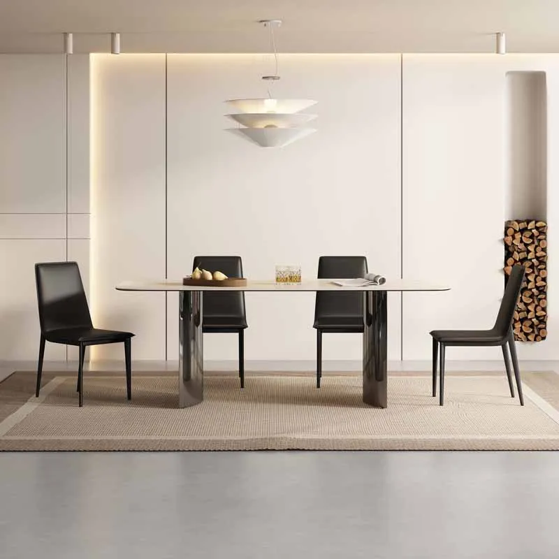 

Miaba Italian light luxury stainless steel mirror minimalist modern small apartment imported travertine rock slab dining table a