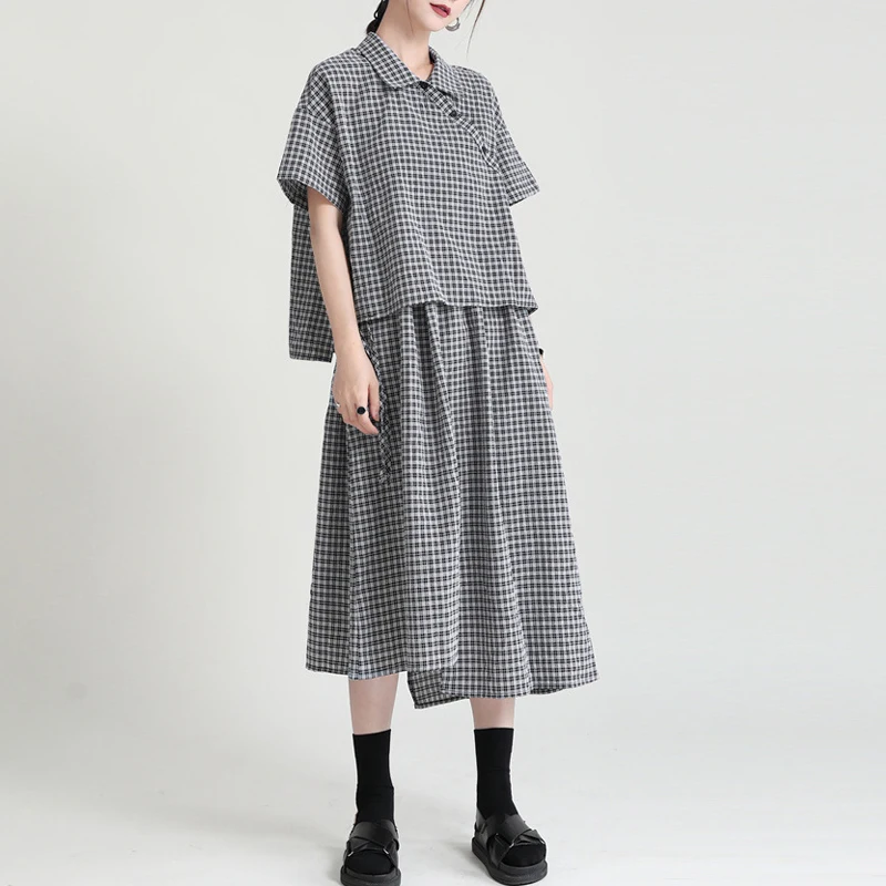 Johnature Irregular Plaid Dresses For Women 2024 Summer New Loose Turn-down Collar Short Sleeve Multi-way Female Dress