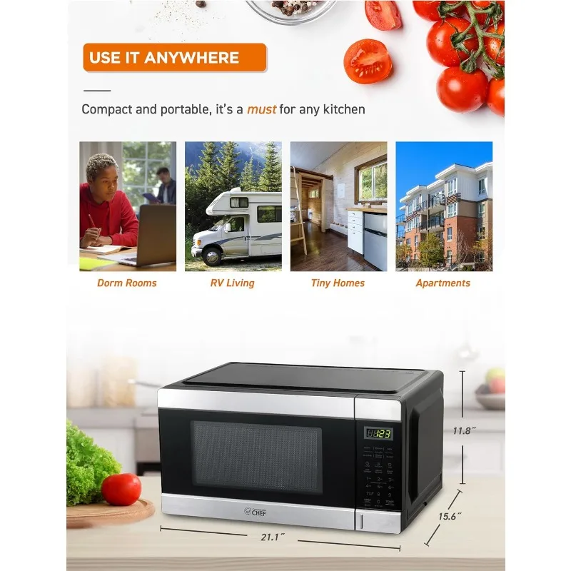 COMERCIAL CHEF Micro-ondas com Botão, Bancada Pequena com 10 Níveis de Potência, 1,1 Cu ft, 1000W