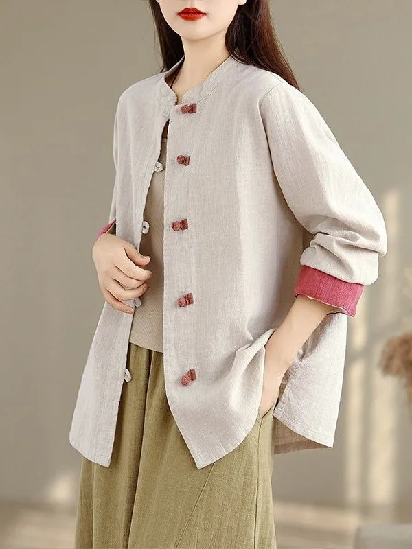 

Весенне-осенняя женская блузка-рубашка: элегантная, с длинным рукавом, винтажная, с контрастным воротником-стойкой, из хлопка и льна, свободного кроя