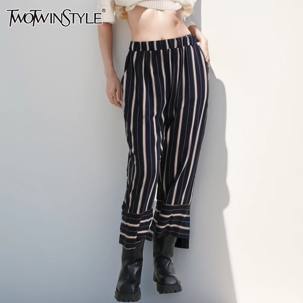 

TWOTWINSTYLE Patchwork Pocket Loose Pants For Women High Waist Colorblock Striped Wide Leg Trousers Female Fashion Clothes New