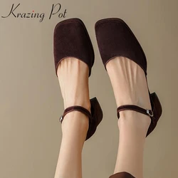 Krazing Pot 2024 Sheep Suede Square Toe Chunky Med Heels Buckle Straps Solid Beauty Maiden Handmade Summer Hollow Banquet Pumps