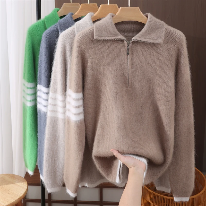 

Women Sweater Pullover 100% Mink Cashmere Sweater Casual Zipper Half Open Collar Basic Knit Autumn Winter Warm Long Sleeve Tops