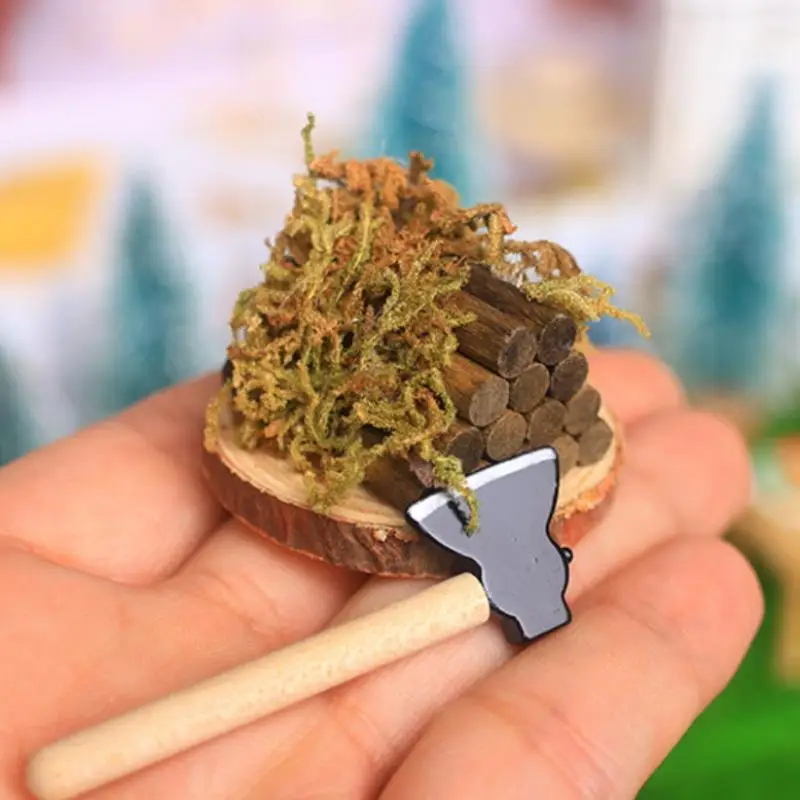 Conjunto de Brinquedos Interativos de Faz de Conta, Machado Miniatura e Pilha de Lenha para Cenário de Jardim de Casa de Bonecas